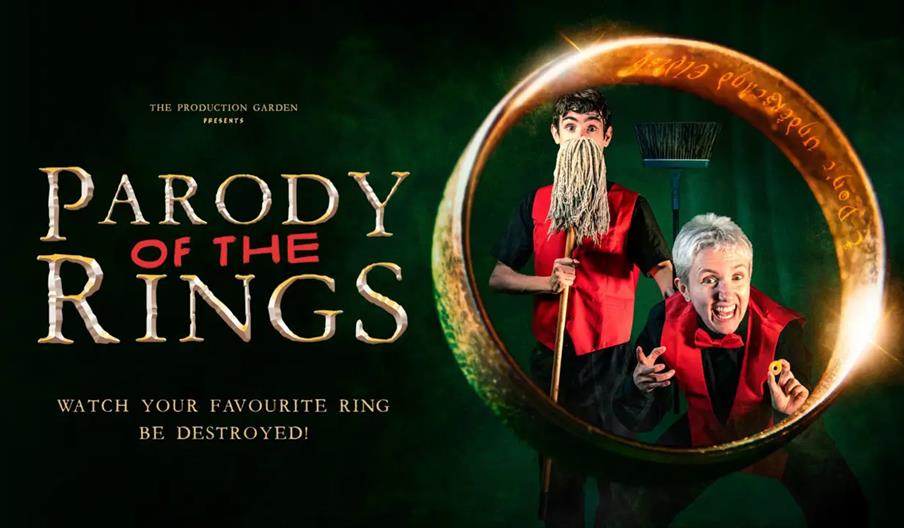 Promotional image for "Parody of the Rings" featuring two people in red vests, one holding a mop as a fake beard and the other with short white hair h