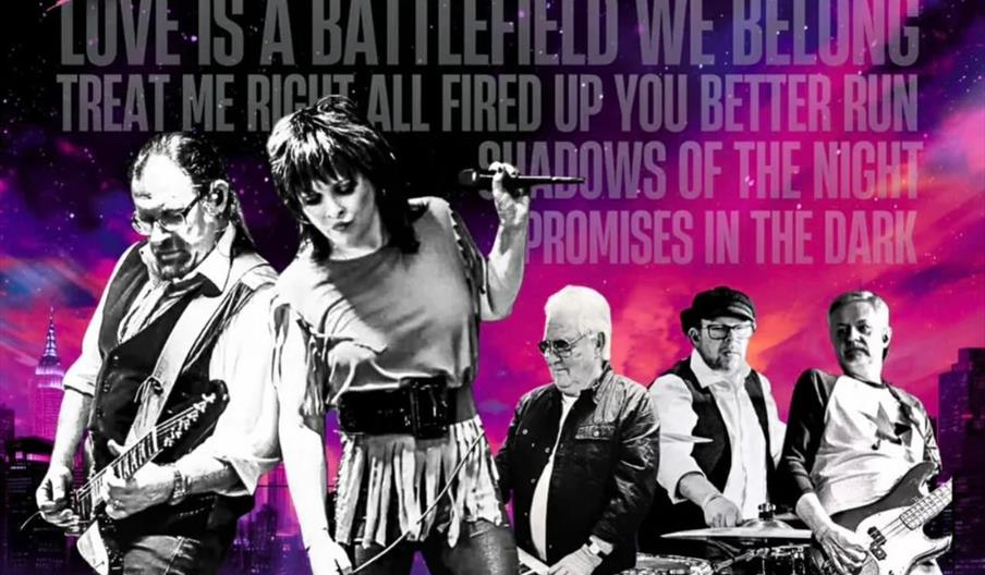 Poster for "The Best of Benatar: The UK Tribute to Pat Benatar & Neil Giraldo" featuring five band members in black and white against a colorful, neon
