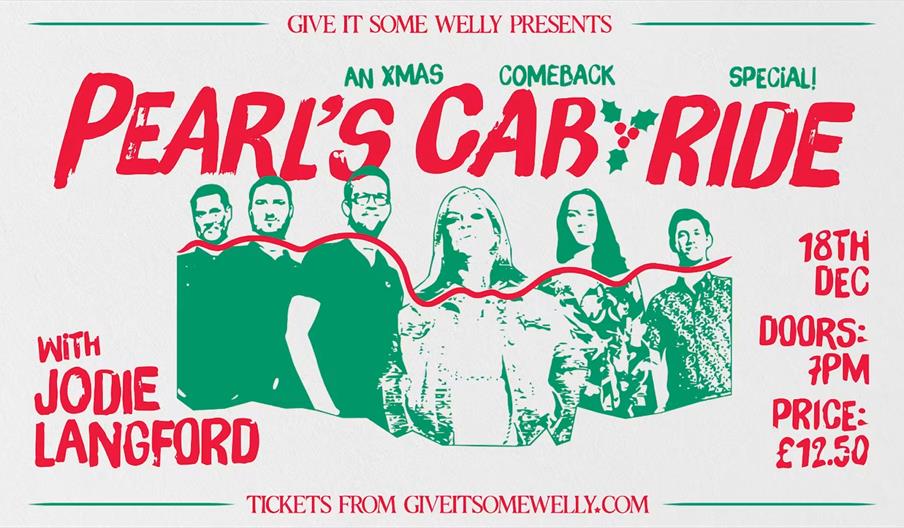 Promotional poster for "Pearl's Car Ride: An Xmas Comeback Special" with Jodie Langford, featuring stylized images of six people in green and red, wit