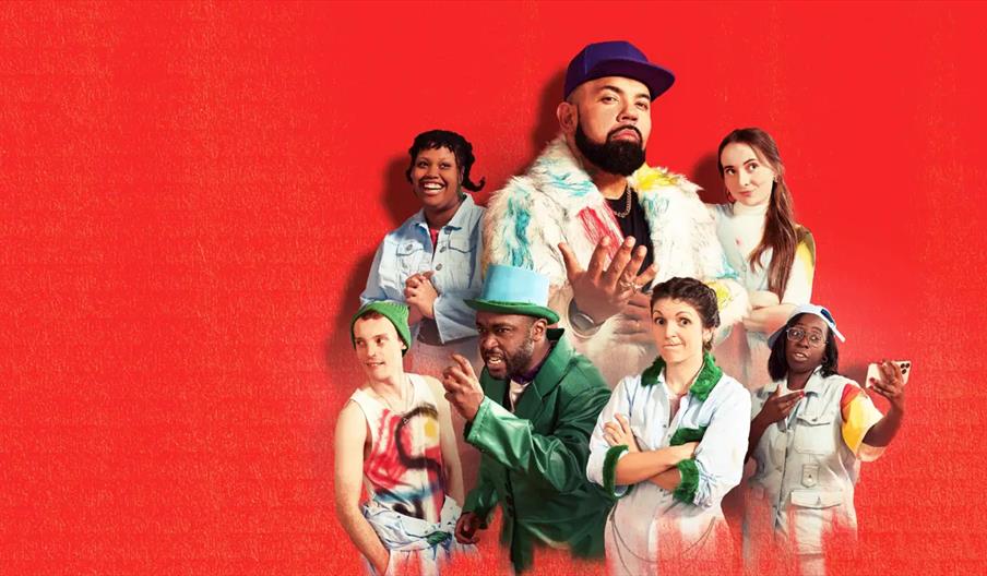 Seven people stand together against a bright red background, each wearing colorful, casual clothing and striking expressive poses, suggesting a playfu