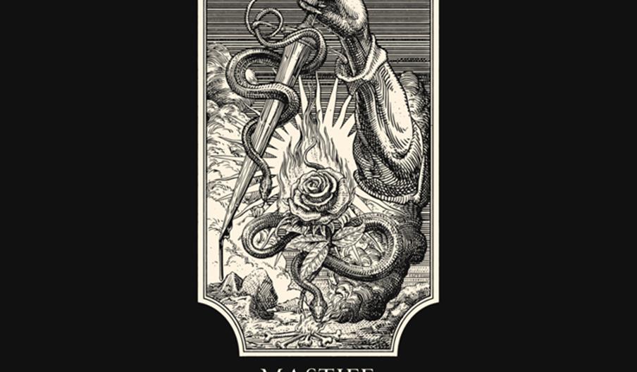 Concert poster for the band Pilori with Mastiff, Still, and Defector, featuring an illustration of a hand gripping a dagger with a snake coiled around
