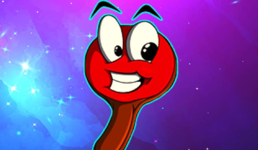 A cartoon Ping Pong Paddle with a face smiles against a purple and blue galaxy backdrop.