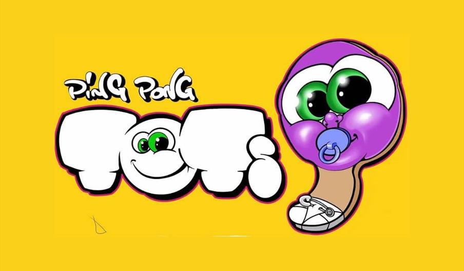 A cartoon Ping Pong Paddle with a pacifier and wearing a nappy sits next to the words 'Ping Pong Tots' in a white graffiti style on a bright yellow ba