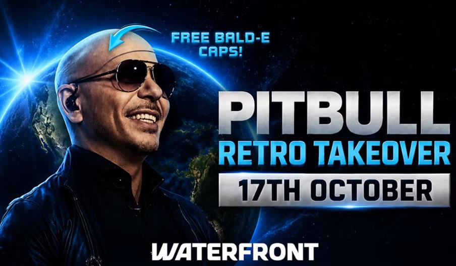 Promotional poster for "Pitbull Retro Takeover" at Waterfront on 17th October, featuring a smiling bald man wearing sunglasses and a leather jacket, w