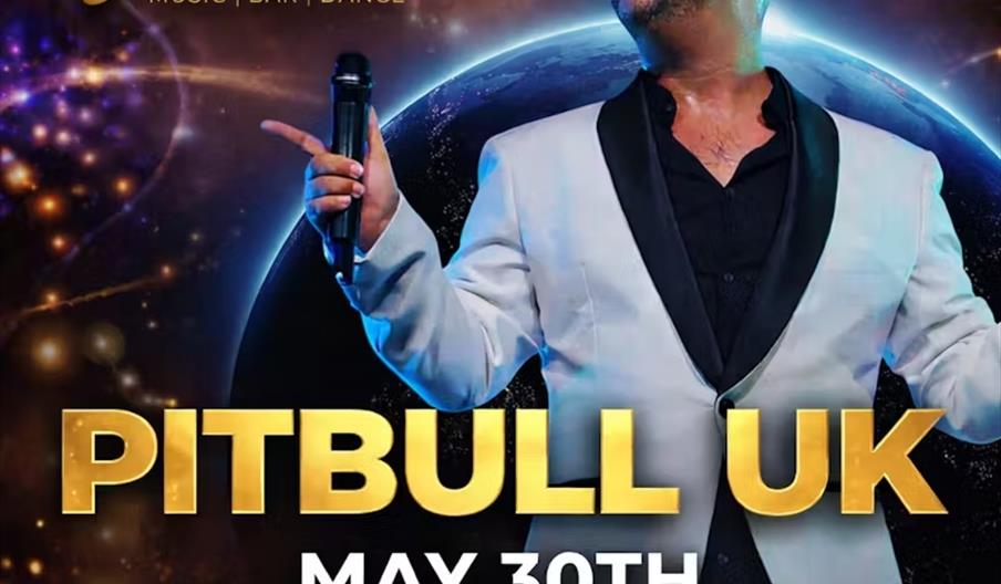 Promotional poster for a live performance by "Pitbull UK" at Rio music bar and dance venue on May 30th, featuring a performer in a white jacket and su