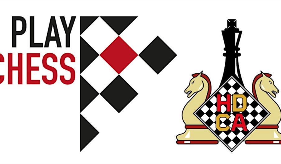 A graphic with the words "Play Chess" on the left, accompanied by a pattern of red, black, and white diamond shapes, and an emblem on the right featur