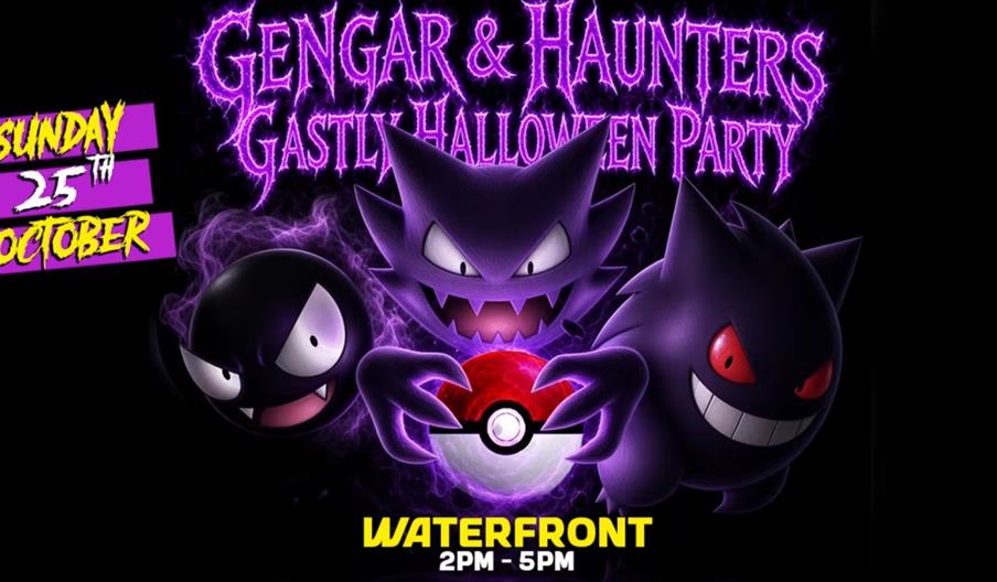 Event poster featuring the Pokémon Gastly, Haunter, and Gengar with glowing purple effects. Text reads "Gengar & Haunter's Gastly Halloween Party, Sun