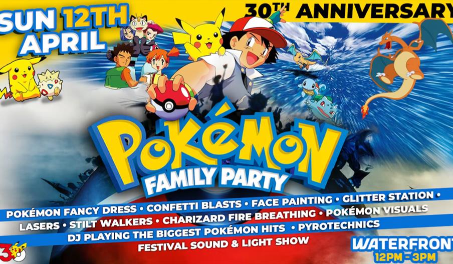 Colourful event poster for a Pokémon Family Party, featuring images of popular Pokémon characters like Pikachu, Ash, Misty, Charizard, and others, wit