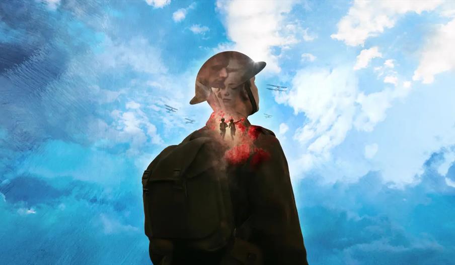 A silhouette of a soldier wearing a helmet and backpack stands against a bright blue sky with clouds; within the silhouette are blended images of two