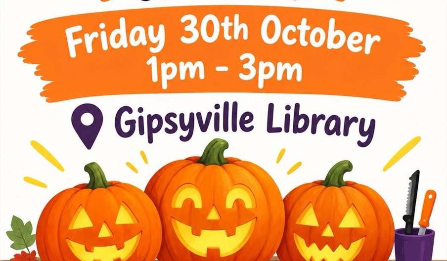 Colourful poster for a pumpkin carving session on Friday, 30th October from 1pm to 3pm at Gipsyville Library, featuring three carved pumpkins, autumn