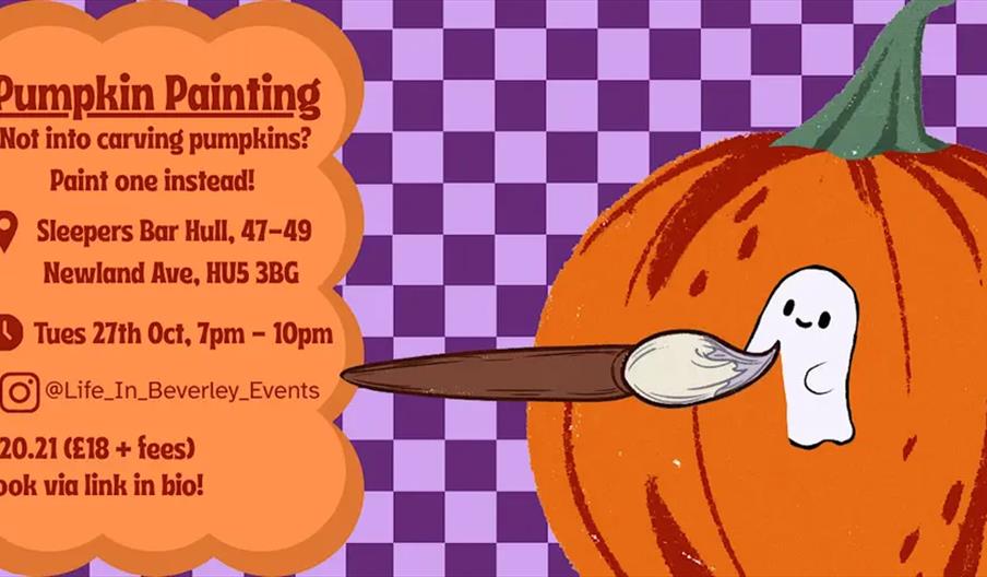 Illustrated event poster for a pumpkin painting night, featuring a large pumpkin with a paintbrush painting a smiling ghost on it, against a purple ch