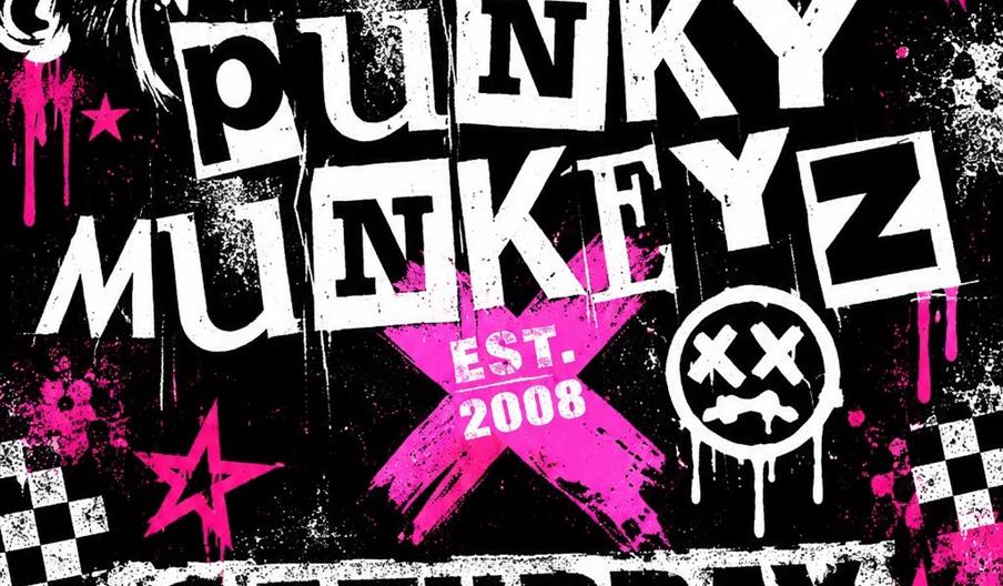 Poster for a punk event featuring bold white and pink text with grunge effects. It advertises "Punky Munkeyz" at Service Station Live Music Bar in Hul
