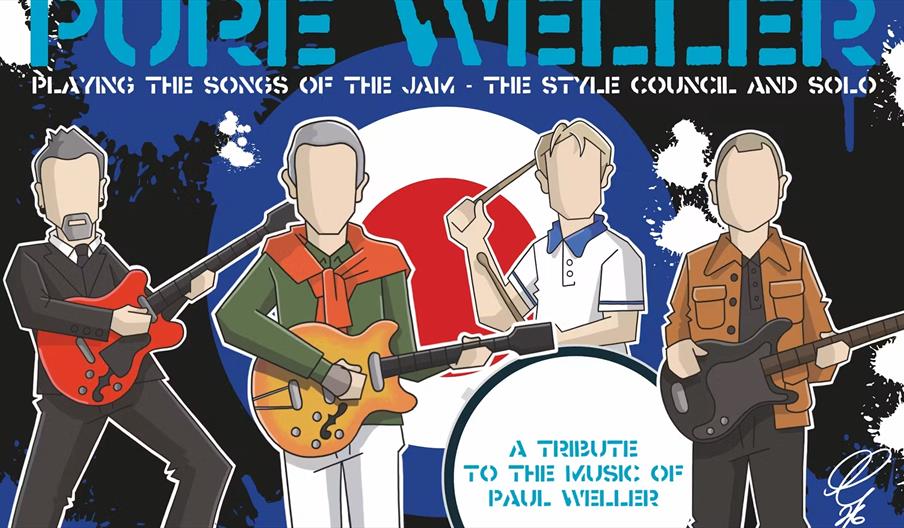 Cartoon-style illustration of four faceless musicians holding instruments, with text promoting "Pure Weller," a tribute band playing songs by The Jam,