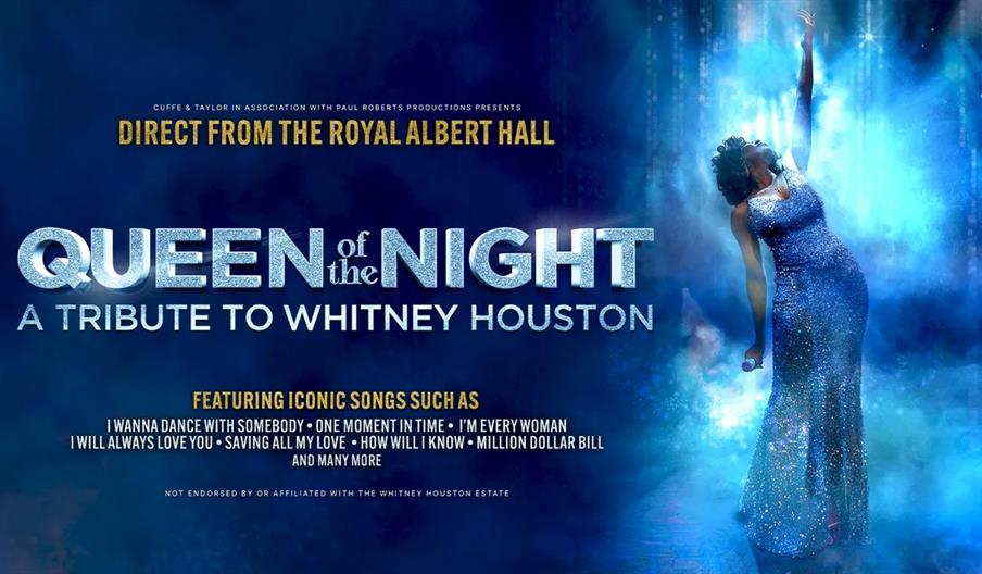Promotional image for "Queen of the Night: A Tribute to Whitney Houston" featuring a woman in a sparkling blue dress singing on stage, with glittering