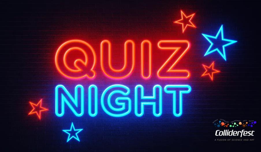 Neon-style text reads "Quiz Night" with "Quiz" in red and "Night" in blue, surrounded by star outlines in red and blue on a dark background. The botto