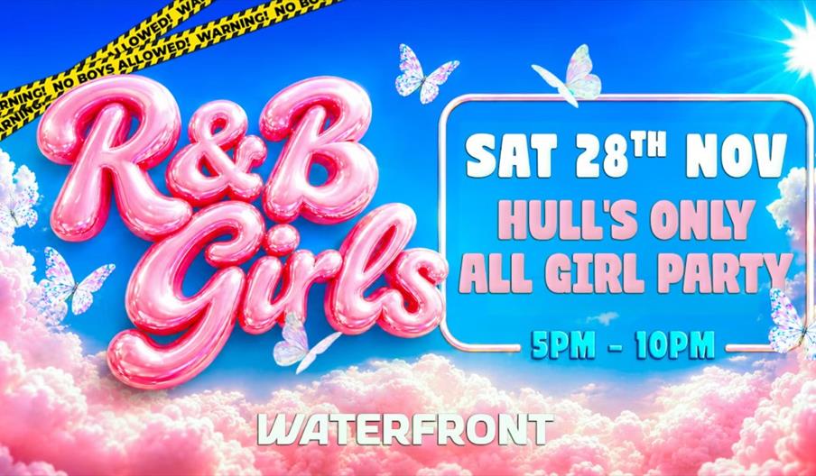 Event poster with a blue and pink cloudy sky background, featuring large shiny pink text reading "R&B Girls" surrounded by butterflies. Additional det