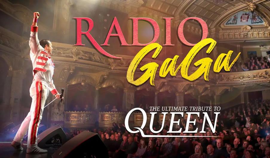 A performer dressed in a Queen-inspired costume stands on stage with one arm raised, facing a large, enthusiastic audience in an ornate theater; overl