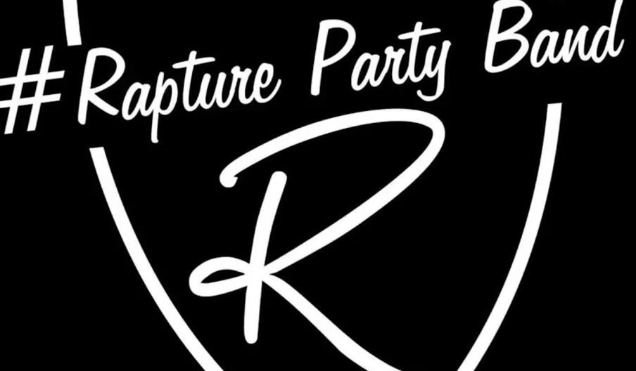 A white outlined shield on a black background with the text "#Rapture Party Band" across the top and a large stylized letter "R" in the center.