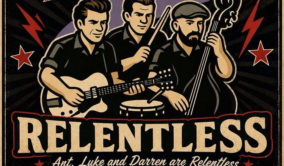 Vintage-style event poster for "Rock & Roll Sunday" on Sunday, 18th October at 12pm, featuring an illustrated rockabilly trio called Relentless; inclu