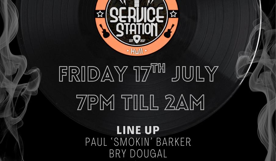 Event poster for "Resonate Vinyl Sessions" at Service Station Cocktail Bar on Friday, 17th July from 7pm to 2am, featuring DJs Paul 'SMokin' Barker, B