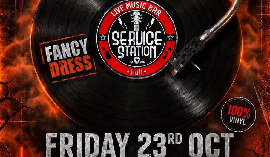 Halloween-themed event poster for "Resonate Vinyl Sessions: Resonate's 2nd Birthday" at Service Station, Hull, featuring a vinyl record, jack-o'-lante