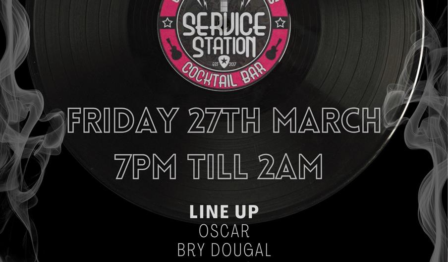 Event poster for "Resonate Vinyl sessions" at Service Station Cocktail Bar, Friday 27th March from 7pm till 2am, featuring a lineup of DJs: Oscar, Bry