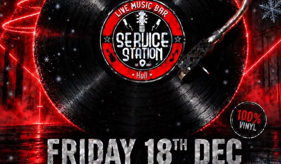 Event poster for "Resonate Vinyl Sessions" at Service Station Live Music Bar in Hull, featuring a large vinyl record and red neon Christmas decoration