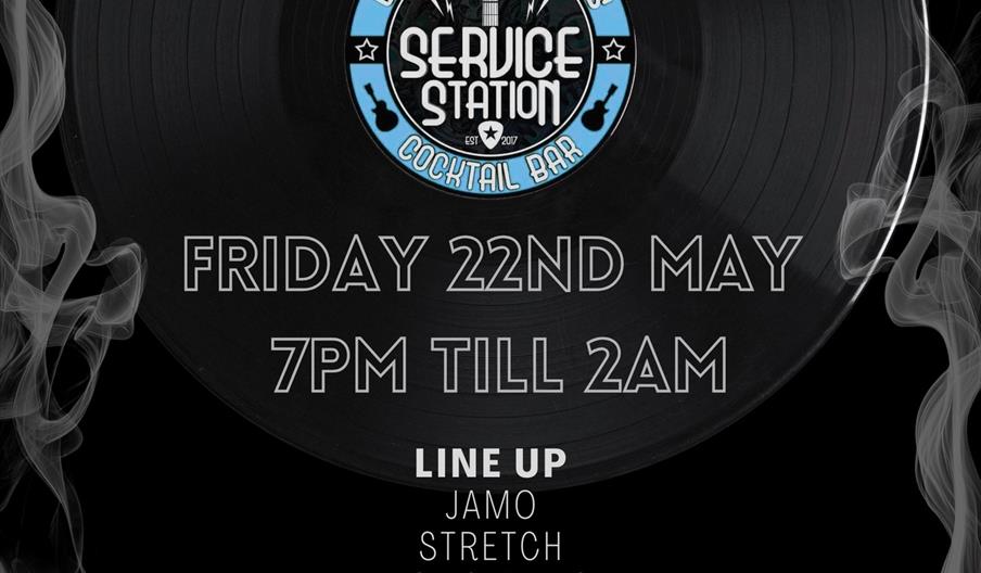 Event poster for "Resonate Vinyl Sessions" at Service Station Cocktail Bar on Friday, 22nd May from 7pm to 2am, featuring DJs Jamo, Stretch, Joe Swale
