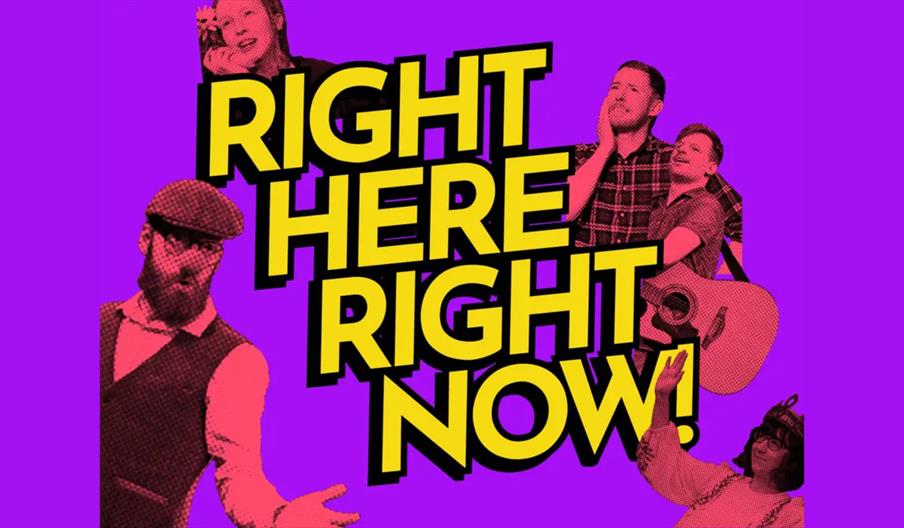 Yellow block text reading "RIGHT HERE RIGHT NOW!" is centered on a bright purple background, surrounded by stylized photos of five expressive people p