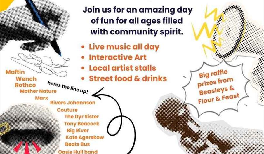 Bright event poster for the "Rise Together" alternative independent musical festival at Oasis Hull on 15th August, featuring bold graphics of hands, a