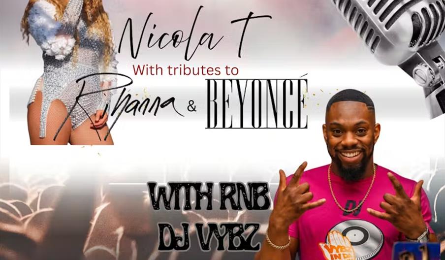 Promotional image for an RnB Brunch event featuring Nicola T with tributes to Rihanna and Beyoncé, and RnB DJ Vybz. The image shows a woman singing in