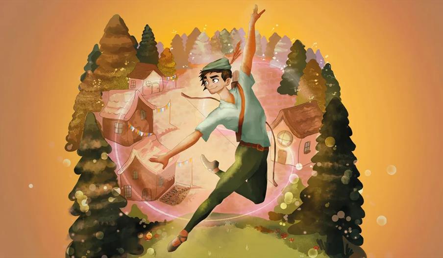Illustration of a young man dressed as Peter Pan, with a feathered cap and bow and arrows, leaping gracefully in front of a cluster of whimsical villa