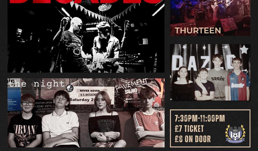 Poster for a benefit concert called "Rock for Rich" featuring images of four bands (The Decades, Thurteen, Daze, and one unnamed group), with text sta