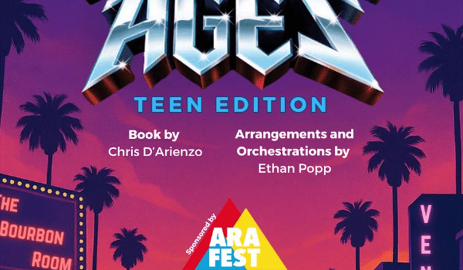Poster for "Rock of Ages: Teen Edition" at Park Street Theatre, showing dates and times for performances on 4th and 5th July, with a sunset cityscape