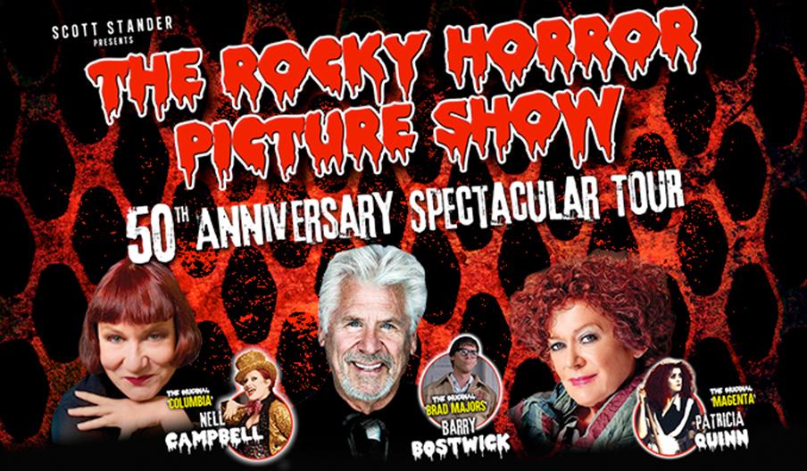 Promotional image for "The Rocky Horror Picture Show 50th Anniversary Spectacular Tour," featuring headshots of Nell Campbell, Barry Bostwick, and Pat