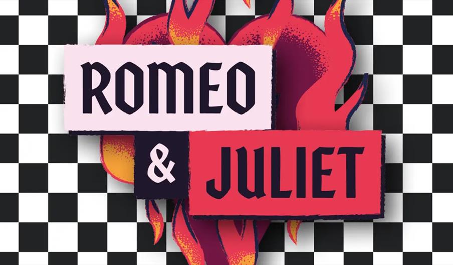 The words "Romeo & Juliet" are displayed in bold, stylized text over a red flame graphic, set against a black and white checkerboard background.