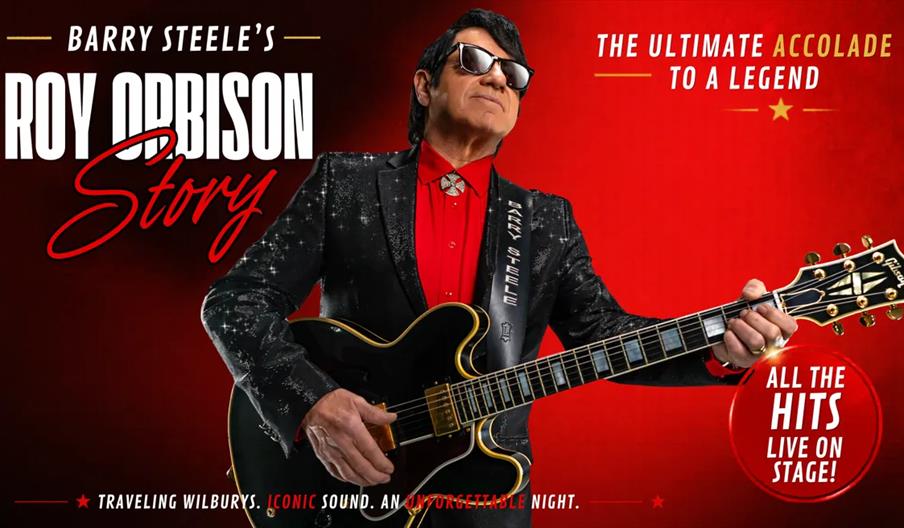 Promotional image for "Barry Steele's Roy Orbison Story" show, featuring a performer dressed as Roy Orbison in a black sequined jacket, red shirt, bol