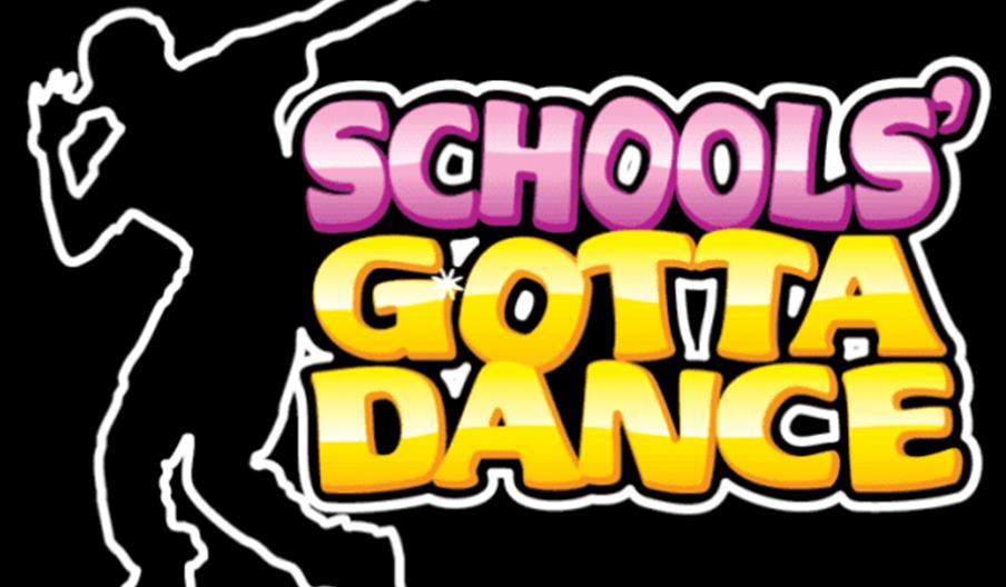A black background features a white outline of a dancing person next to large, bold text that reads "SCHOOLS' GOTTA DANCE" in pink and yellow gradient