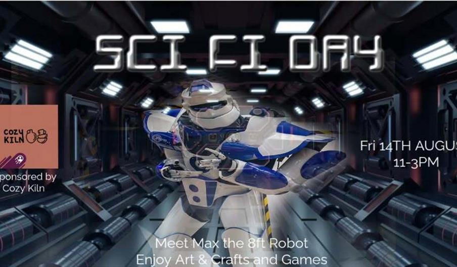 Sci FI Day poster, showing an image of a robot with a metallic background.