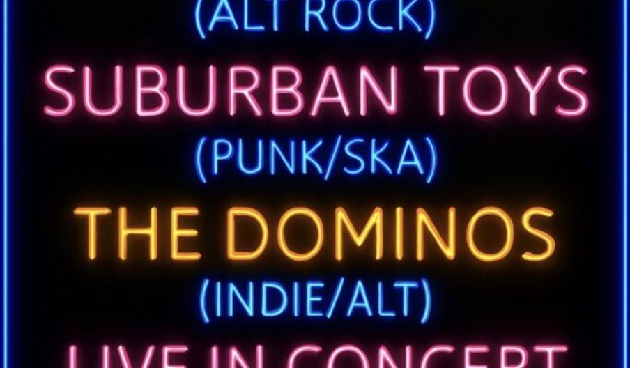 A neon-style poster advertises "Scunthorpe Rock Open Showcase" featuring Future Theory (alt rock), Suburban Toys (punk/ska), and The Dominos (indie/al