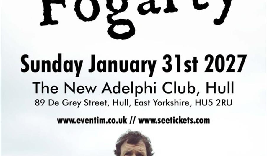 Concert poster for Seamus Fogarty, presented by Screaming Tarts, announcing a performance on Sunday, January 31st, 2027, at The New Adelphi Club in Hu
