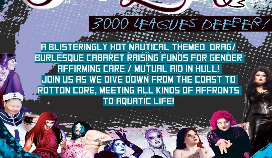 Poster for "Sea Queers: 3000 Leagues Deeper!" featuring nautical-themed drag and burlesque performers in colorful costumes, with event details and des