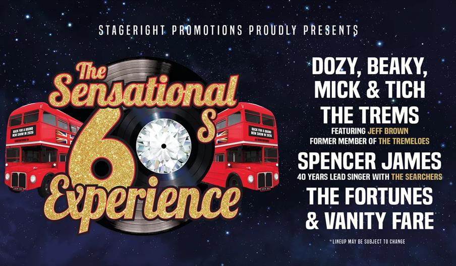 Colourful promotional poster for "The Sensational 60s Experience" featuring glittery gold and red text, vintage vinyl records, two red double-decker b