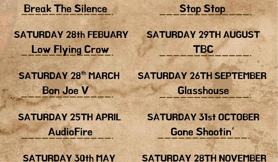 Poster for "Service Station: Hull's Only Rock Night with Live Band!" listing the 2026 schedule of monthly Saturday performances by various bands, with