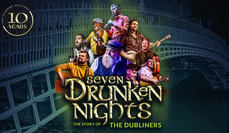 Promotional image for "Seven Drunken Nights: The Story of The Dubliners," featuring a collage of musicians playing traditional instruments with a brid