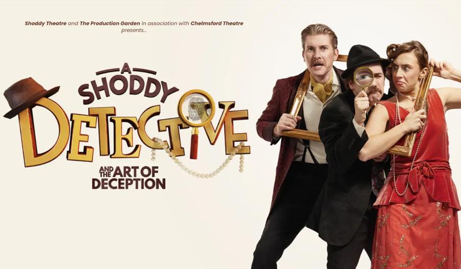 Three people in vintage detective and 1920s-style costumes pose playfully with picture frames and a magnifying glass beside the stylized title "A Shod