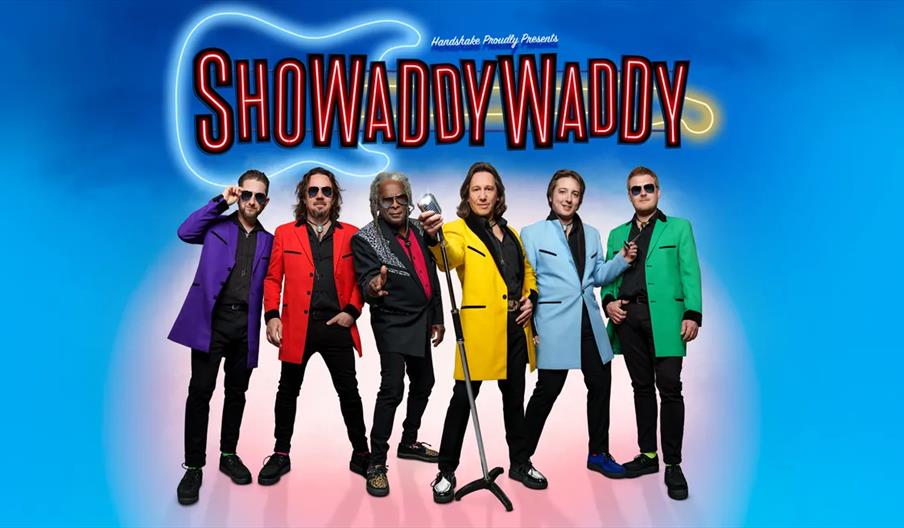 Six men in colourful suits stand in a row in front of a blue background with the stylized text "Showaddywaddy" above them, designed to resemble neon l