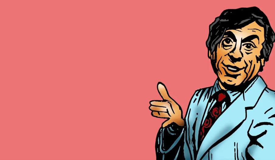 Cartoon illustration of a man in a light blue suit with a red patterned tie, gesturing with one hand, set against a plain pink background.