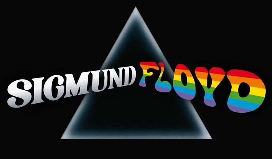 The image shows the words "SIGMUND FLOYD," with "SIGMUND" in white, stylized letters and "FLOYD" in colorful, rainbow-striped letters, superimposed ov