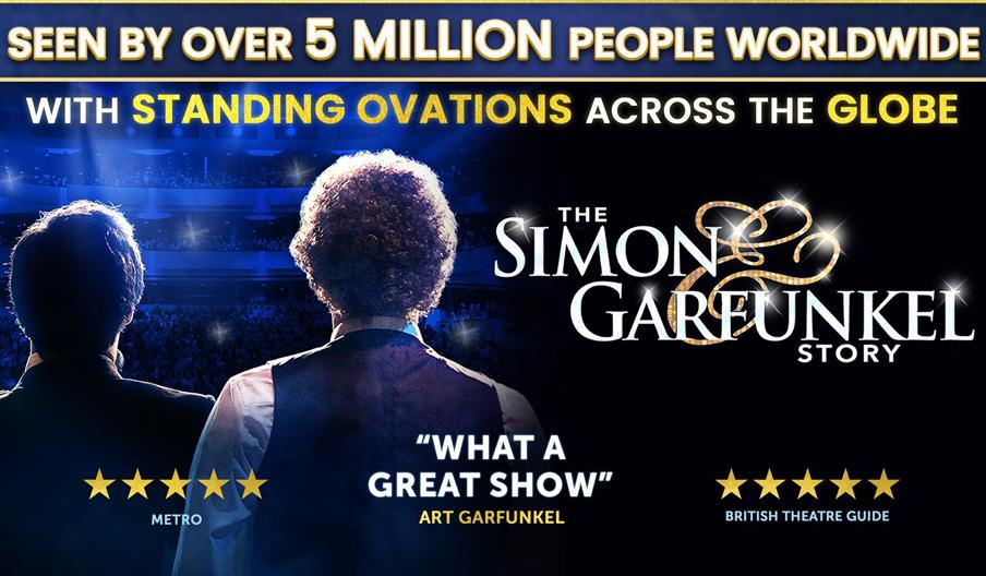 Poster for "The Simon & Garfunkel Story" showing two performers from behind facing a large, illuminated audience. Text highlights include "Seen by ove